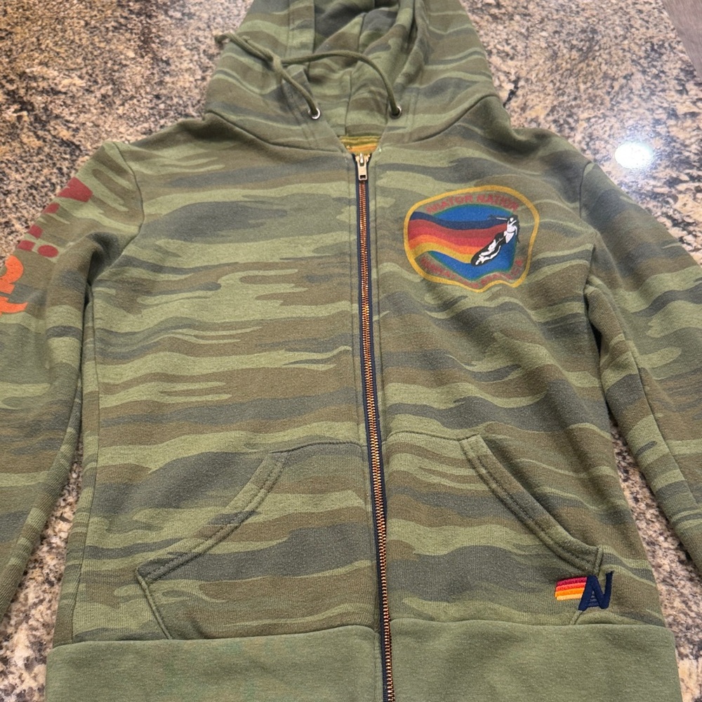 Aviator Nation Kids Green Camouflage Hoodie with Rainbow Patch